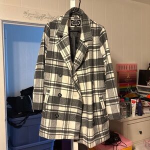 Love Tree Black and White Pea Coat Oversized Plaid